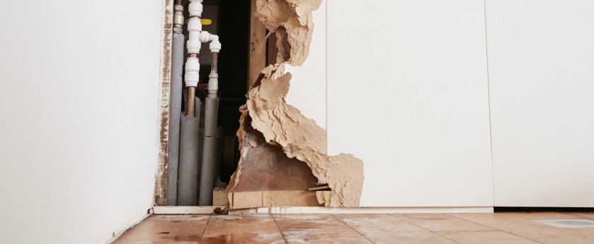 A damaged wall exposing burst pipes with water on the floor.