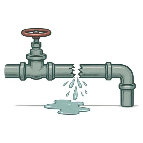 Illustration of a broken water pipe with a shutoff valve and water spilling into a puddle