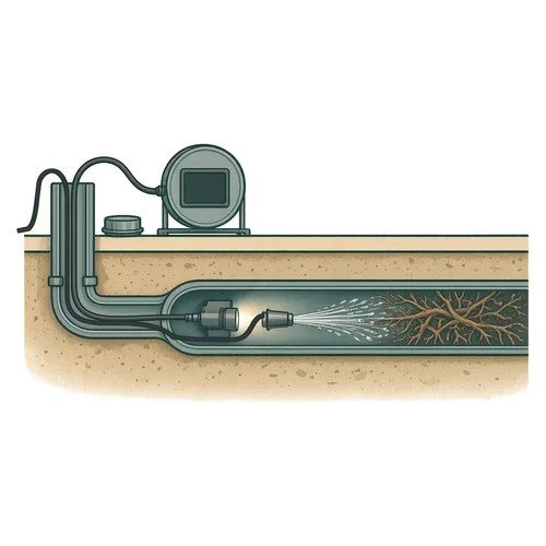 Illustration of a sewer line under a floor, with a camera and a hydro-jet nozzle clearing tree roots