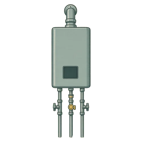 Illustration of a wall-mounted tankless water heater with a vent and supply pipes