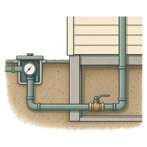 Illustration of a water meter and buried water line with a shutoff valve beside a house foundation