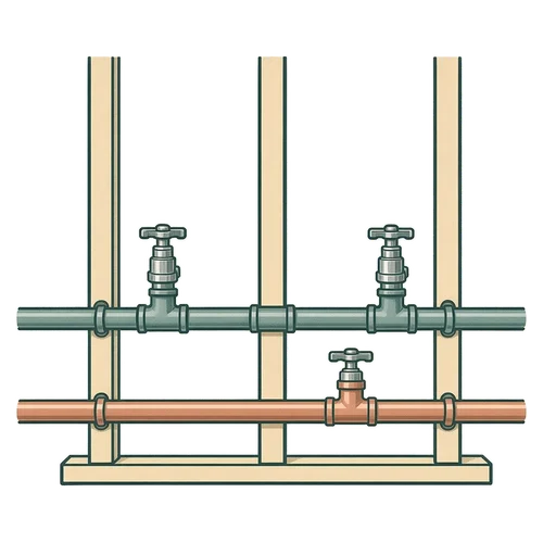 Illustration of water pipes and shutoff valves running through open wall studs